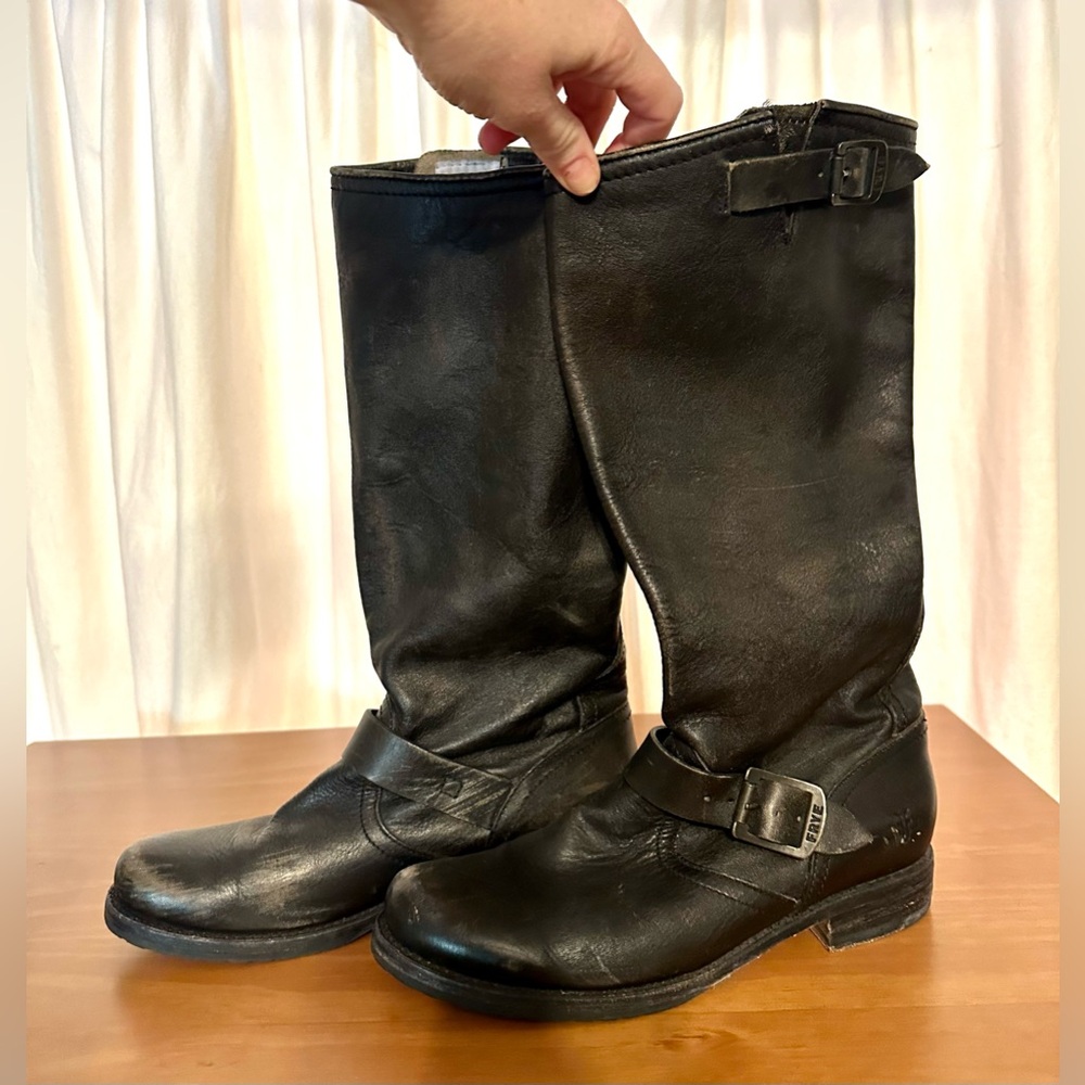 Frye Veronica Tall Slouch Boot – Distressed Black Leather, Size 9